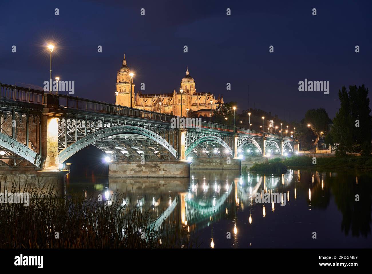 Kathedrale von Salamanca bei Nacht von der Enrique Estevan Brücke, Salamanca Stadt, Spanien, Europa. Stockfoto