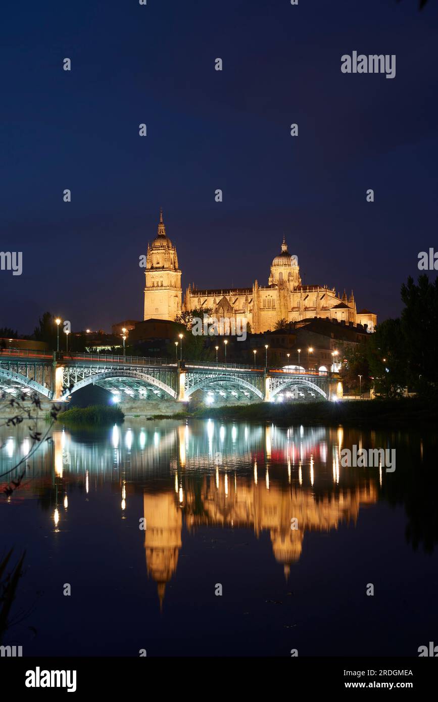 Blick auf die Kathedrale von Salamanca am Abend mit der Brücke im Vordergrund, Salamanca, Spanien, Europa. Stockfoto