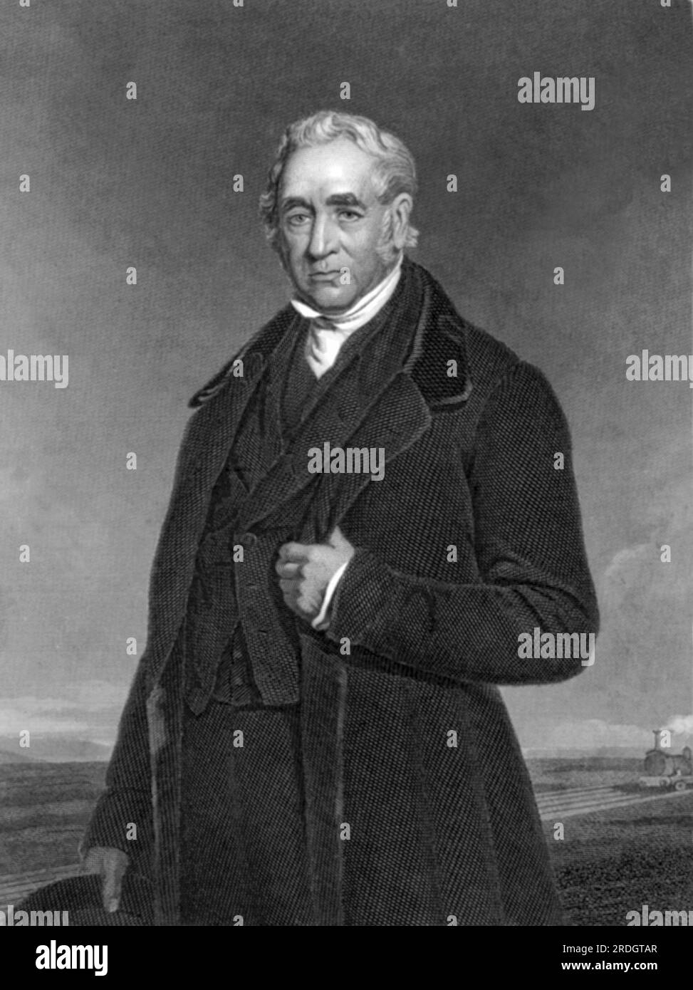 England: ca. 1830. George Stephenson war ein englischer Bauingenieur, der die erste öffentliche Eisenbahnlinie der Welt mit Dampflokomotiven baute und als „Vater der Eisenbahnen“ bekannt ist. Stockfoto