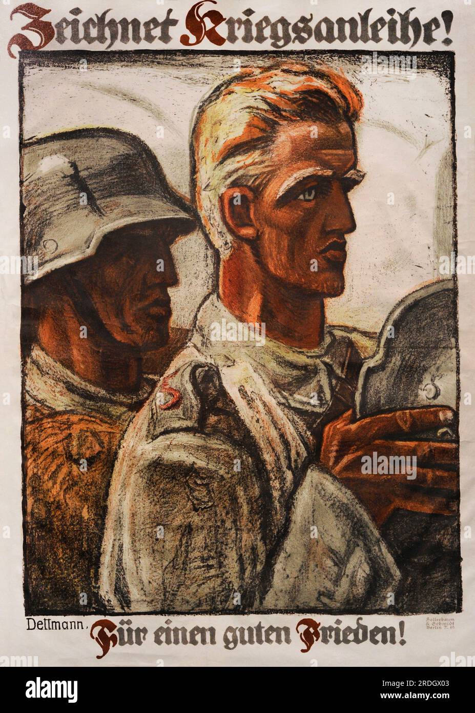 Erster Weltkrieg (1914-1918). Deutsches Propagandaposter. Kauf Kriegsanleihen! (Oben) und „für einen guten Frieden!“ (Unten). Erstellt von Ludwig Dettmann. Veröffentlicht von Hollerbaum & Schmidt aus Berlin, 1916. Autor: Ludwig Dettmann (1865-1944). Deutscher Maler. Stockfoto