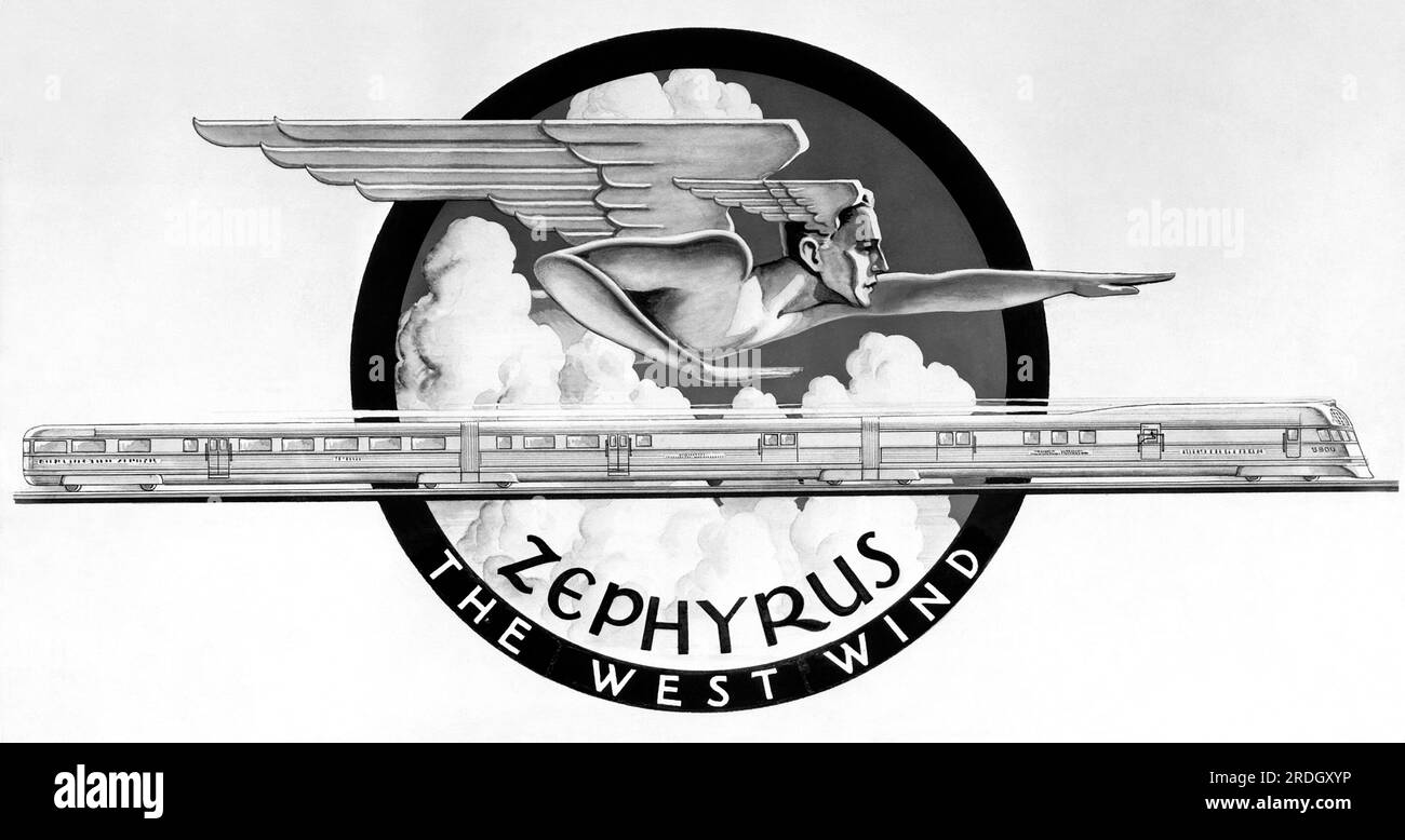 USA: c. 1935 ein Werbespot für die neue, stromlinienförmige, dieselbetriebene Zephyrus-Lokomotive aus Edelstahl, Burlington & Quincy's (CB&Q), die die Twin Zephyrs zwischen Minneapolis und Chicago zog. Zephyrus war der griechische gott des Westwindes. Stockfoto