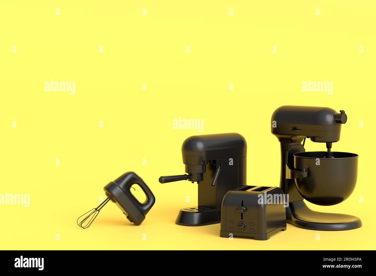 Espressomaschine, Handmixer, Wasserkocher und Toaster für die Zubereitung des Frühstücks auf monochromem Hintergrund. 3D Render der Kaffeeanne für die Herstellung von Latte Stockfoto