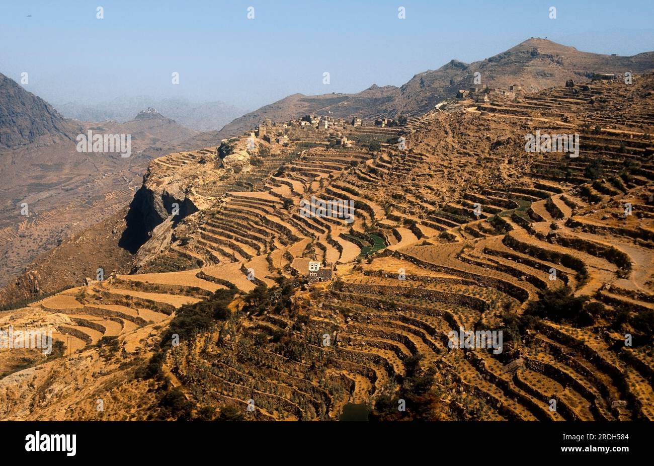 Asien-Jemen -trockene Steinwände begrenzen den Anbau von Getreide und Qat Stockfoto