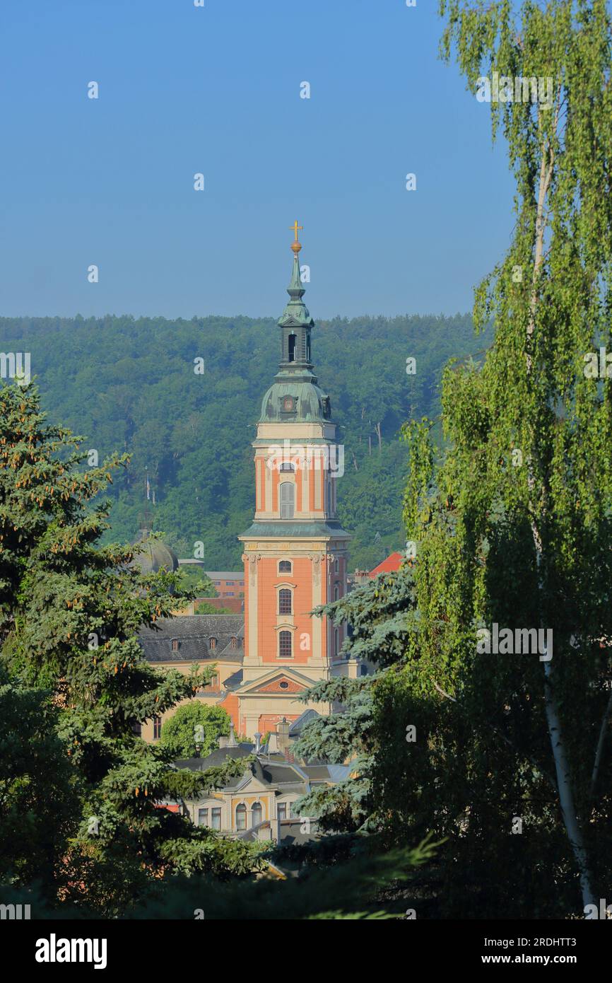 Turm der Barockstraße Marienkirche, Greiz, Vogtland, Thüringen, Deutschland Stockfoto