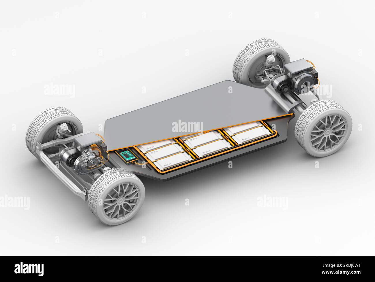 Schnittbild des Elektrofahrzeugs mit Dual Motors und Halbleiterbatteriesatz auf weißem Hintergrund. 3D-Rendering-Bild. Stockfoto
