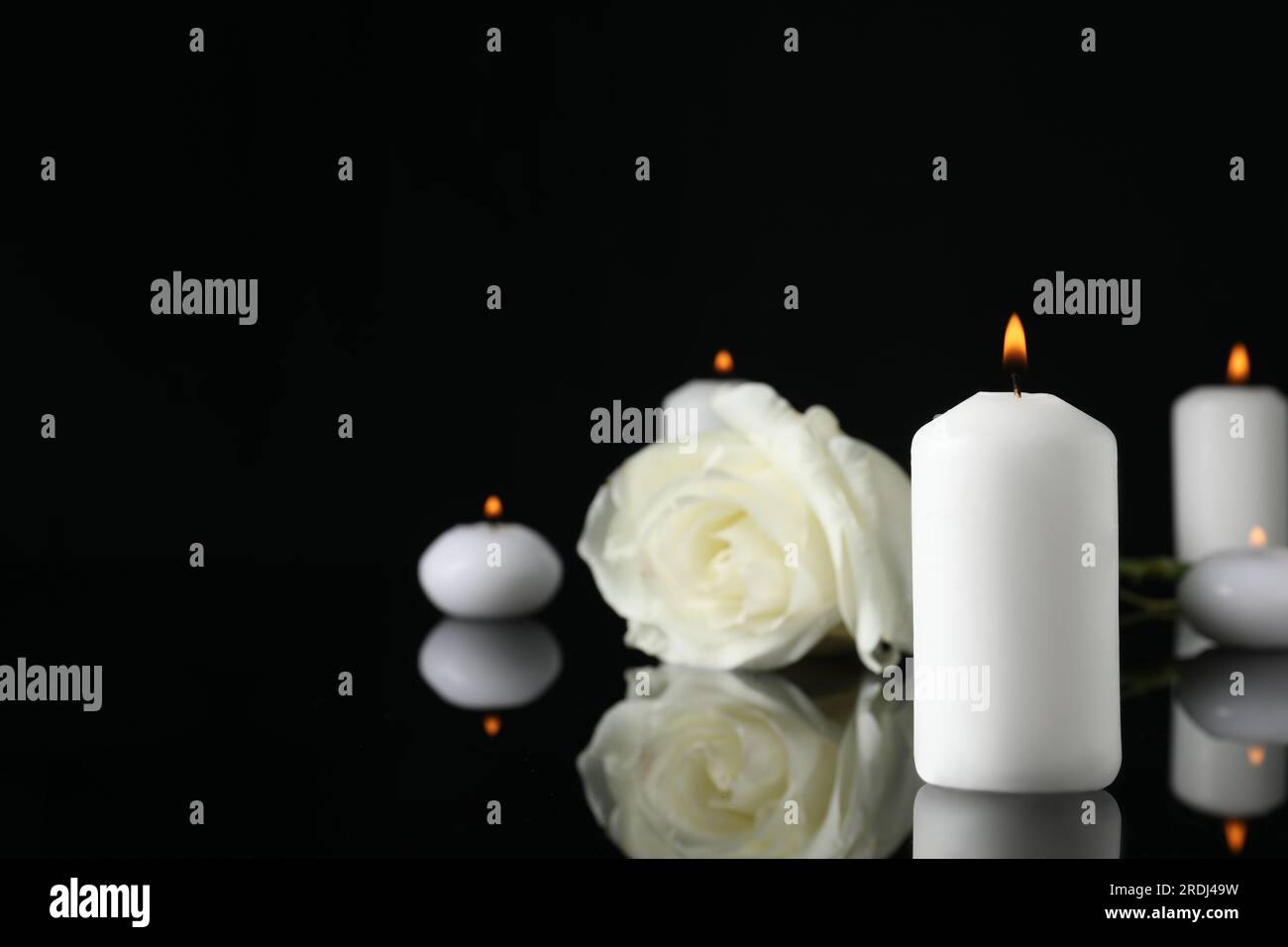 Weiße Rose und brennende Kerzen auf schwarzer Spiegeloberfläche bei Dunkelheit, Platz für Text. Begräbnissymbole Stockfoto