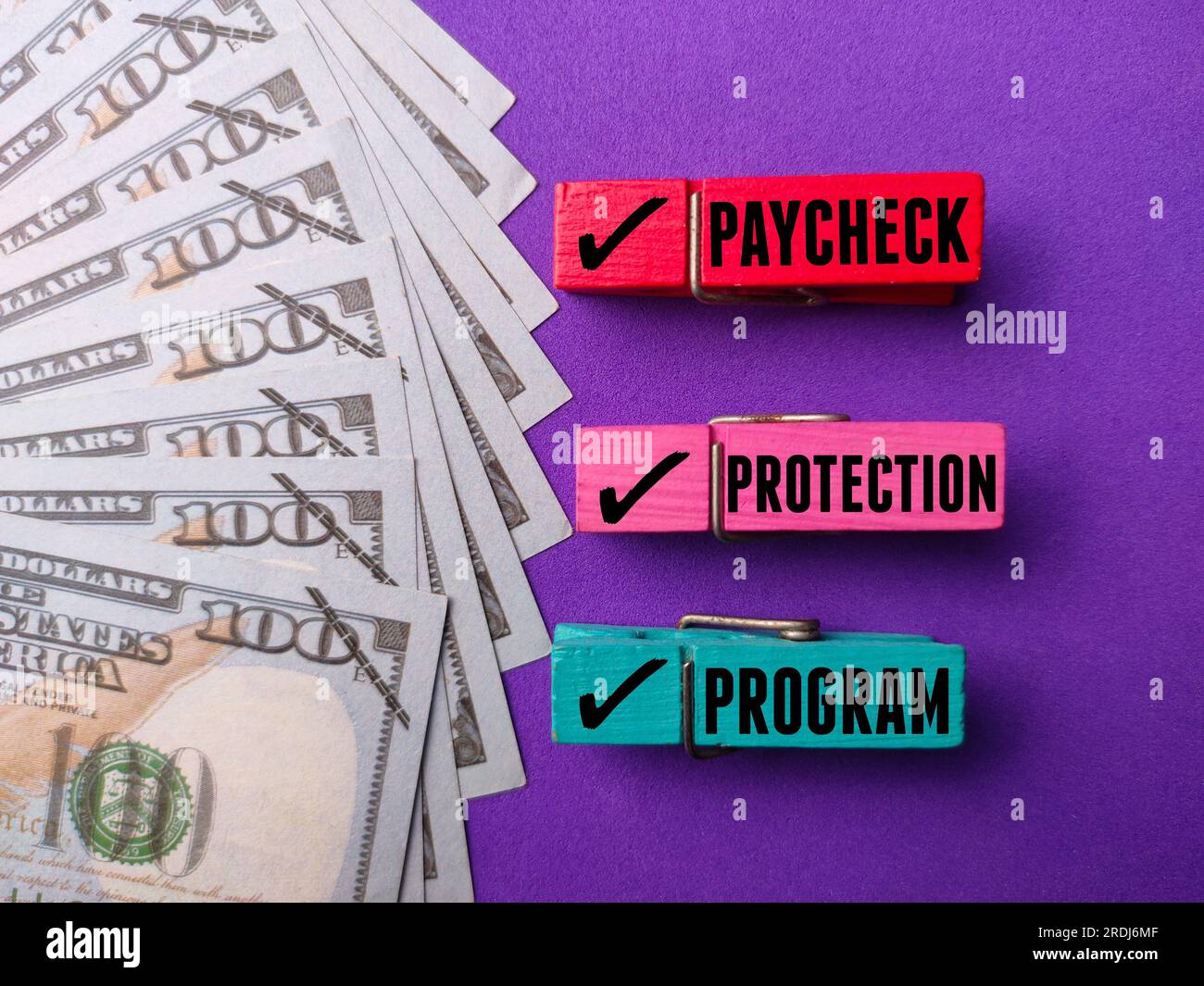 Banknoten mit dem Wort "GEHALTSSCHECKSCHUTZ" auf lila Hintergrund Stockfoto