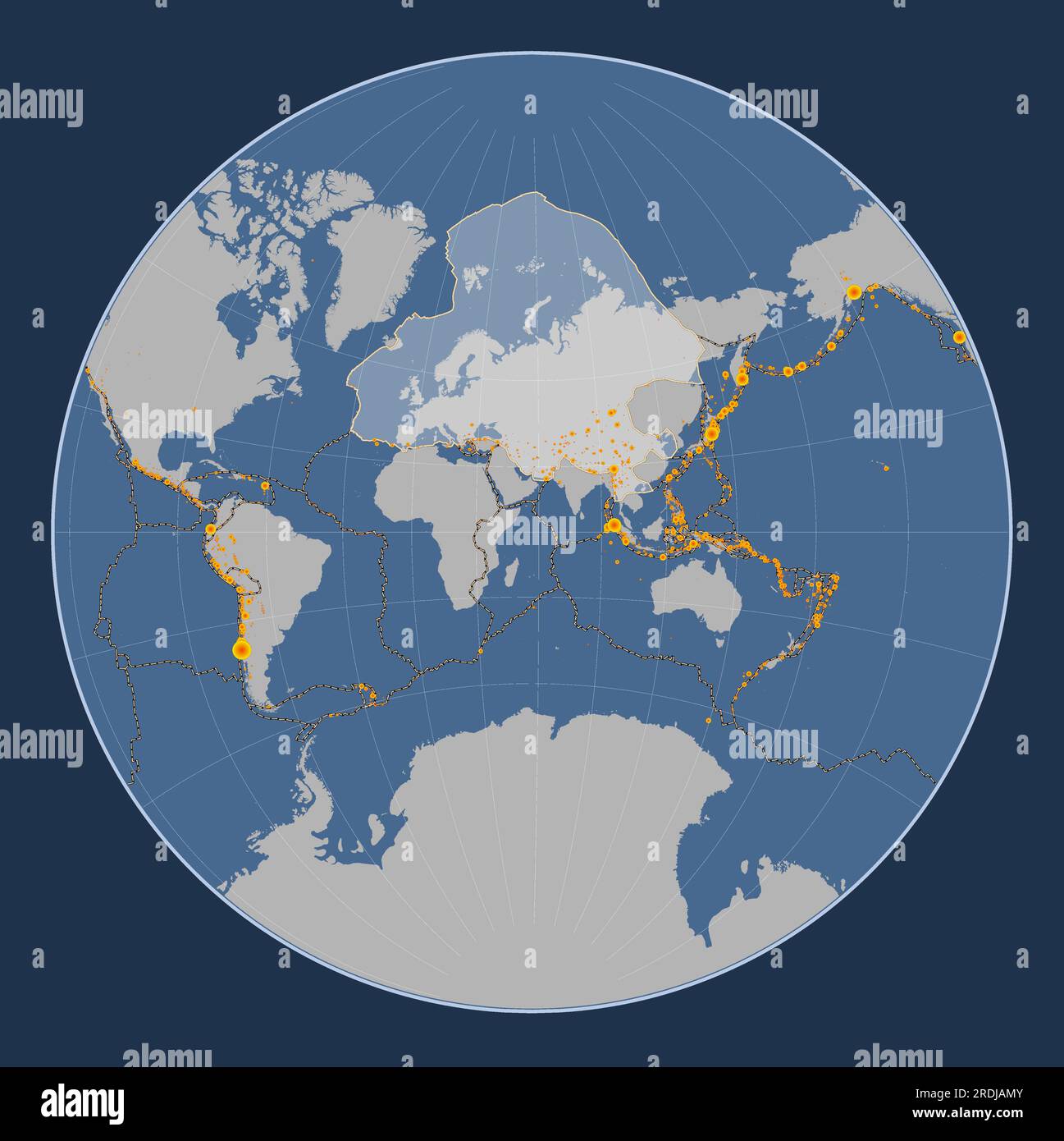 Die eurasische tektonische Platte auf der Volumenkonturkarte in der mittelzentrierten Lagrange-Projektion. Erdbebenstandorte mit einem Rekord von mehr als 6,5 Stock Vektor