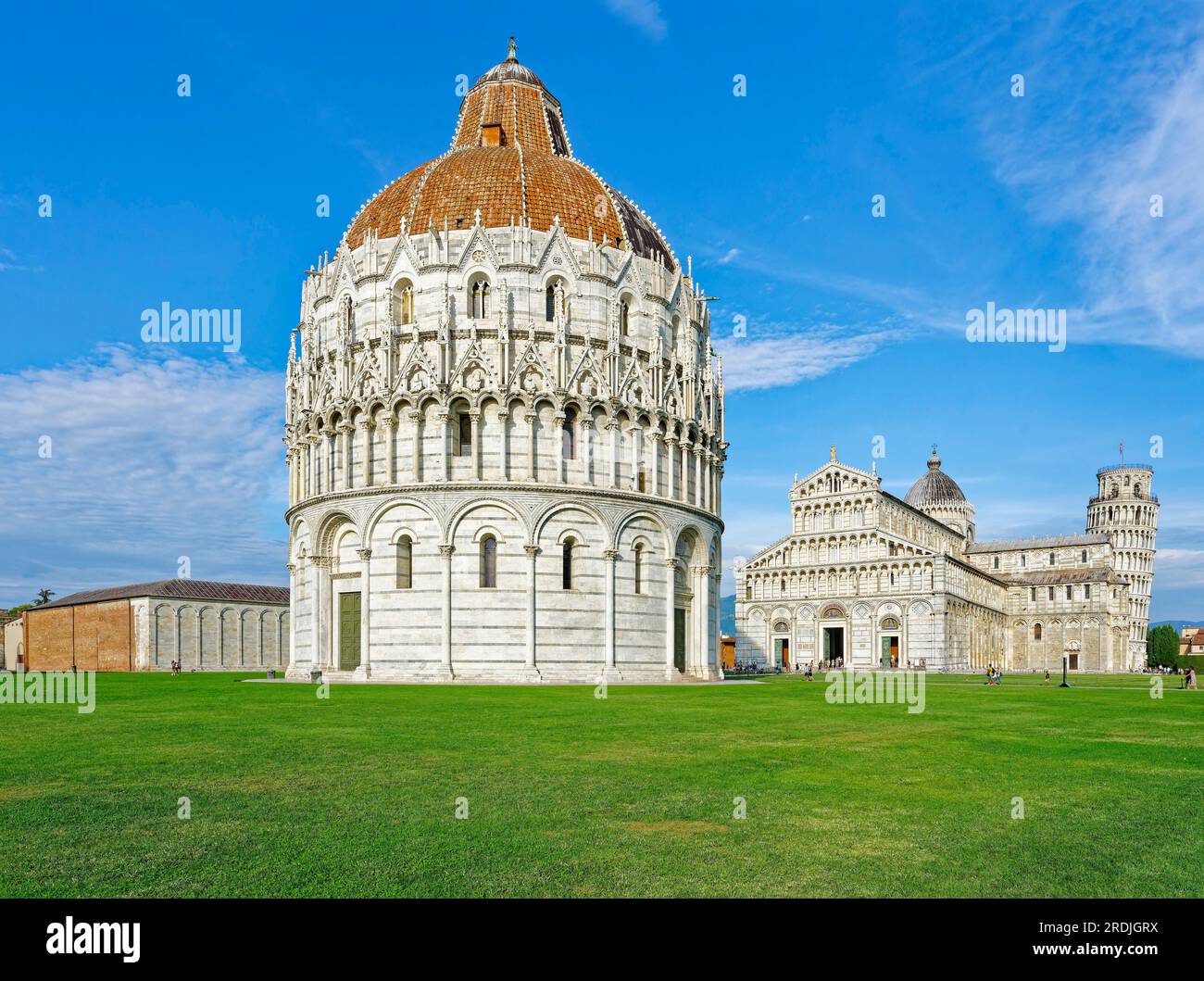 Camposanto, Baptisterium, Battistero di Pisa, Schiefer Turm, Torre pendente di Pisa, Platz der Wunder, Piazza dei Miracoli und Campo dei Miracoli Stockfoto