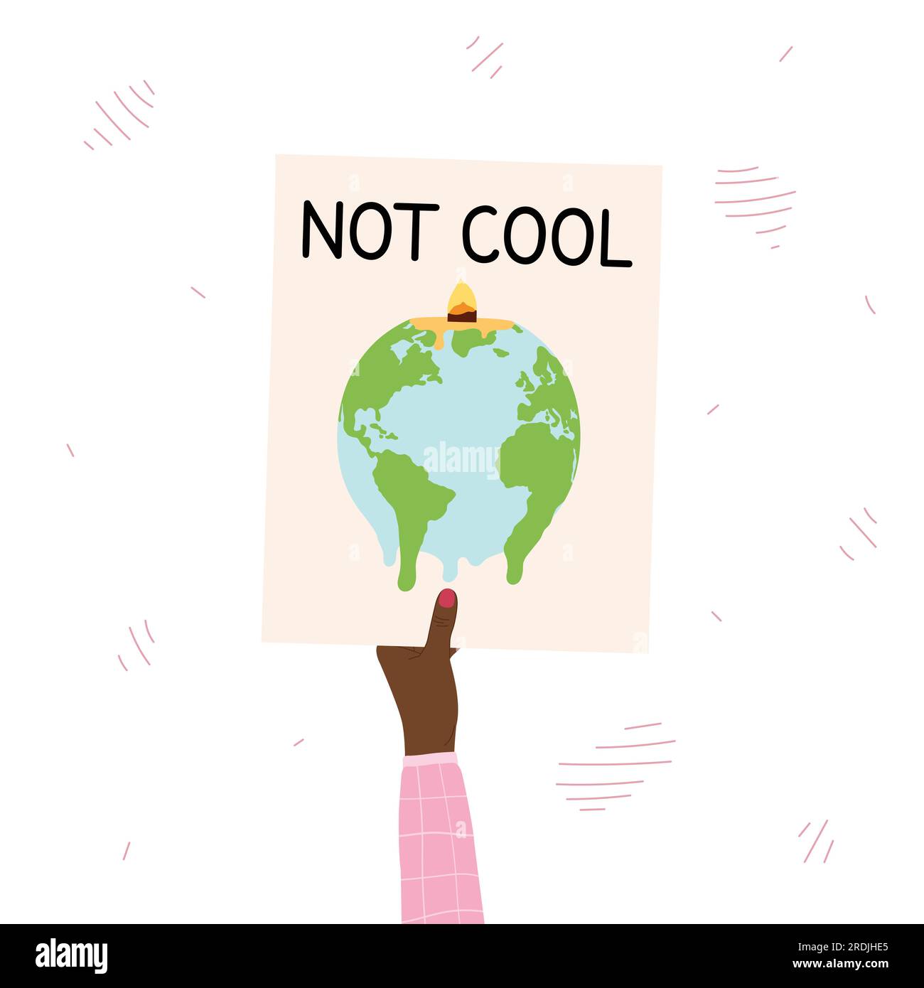Kein cooles Poster mit schmelzender Erde in Kerzenform mit Feuer auf Plakat in weiblicher schwarzer Hand. Globale Erwärmung und Klimawandel. Umweltschutz Stock Vektor