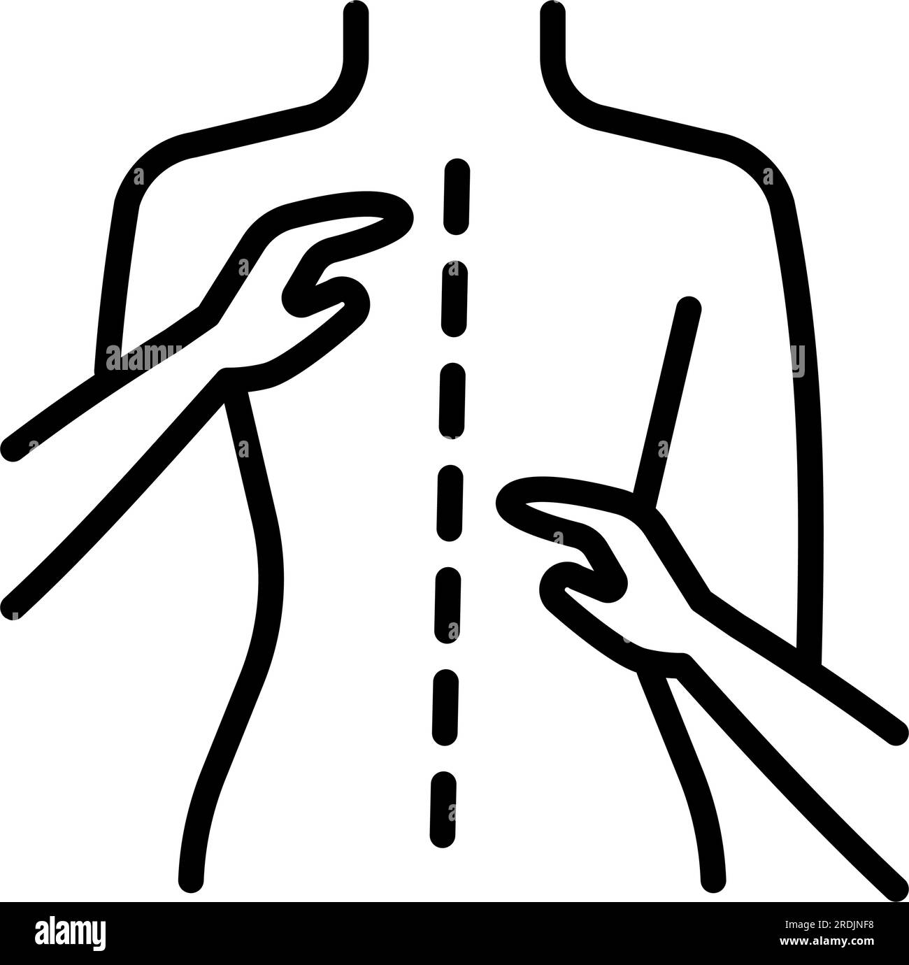 Therapeutische Rückenmassage - Outline-Vektorsymbol. Physiotherapie, Akupunktur, Rehabilitation. Isoliertes Vektorelement. Piktogramm für Webseite, mobile App, Stock Vektor