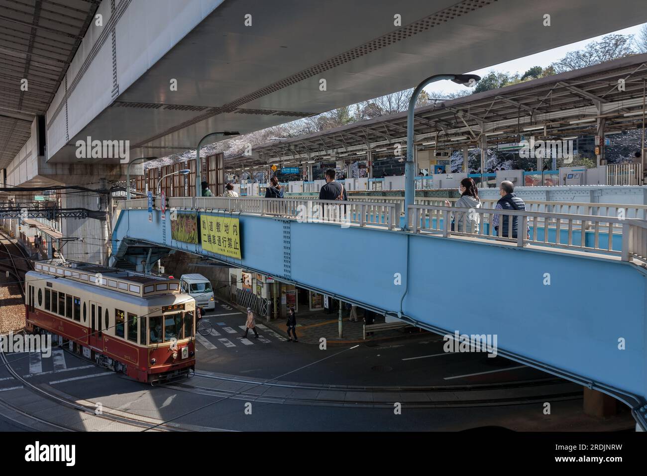 Eine Straßenbahn der Linie Toden Arakawa (bekannt als Tokyo Sakura Tram) am Bahnhof Oji, Tokio, Japan. Stockfoto