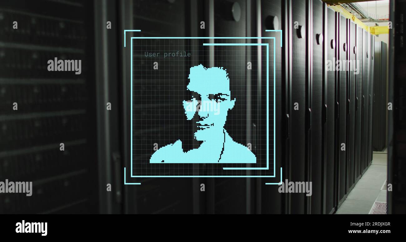 Composite aus biometrischer Foto- und Datenverarbeitung über Computerserver Stockfoto