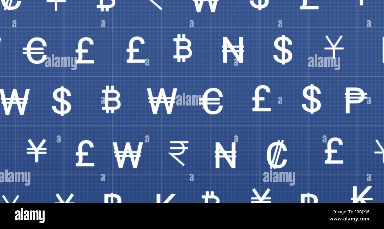 Zusammengesetzte Währungszeichen über dem Raster auf blauem Hintergrund Stockfoto