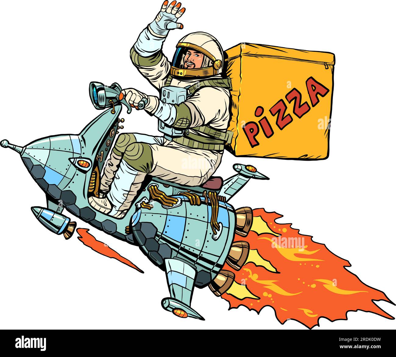 Hochwertige und sichere Lieferung an alle Orte der Welt. Der Astronaut fliegt auf einem Raumschiff und liefert Pizza. Pop Art Retro Stock Vektor