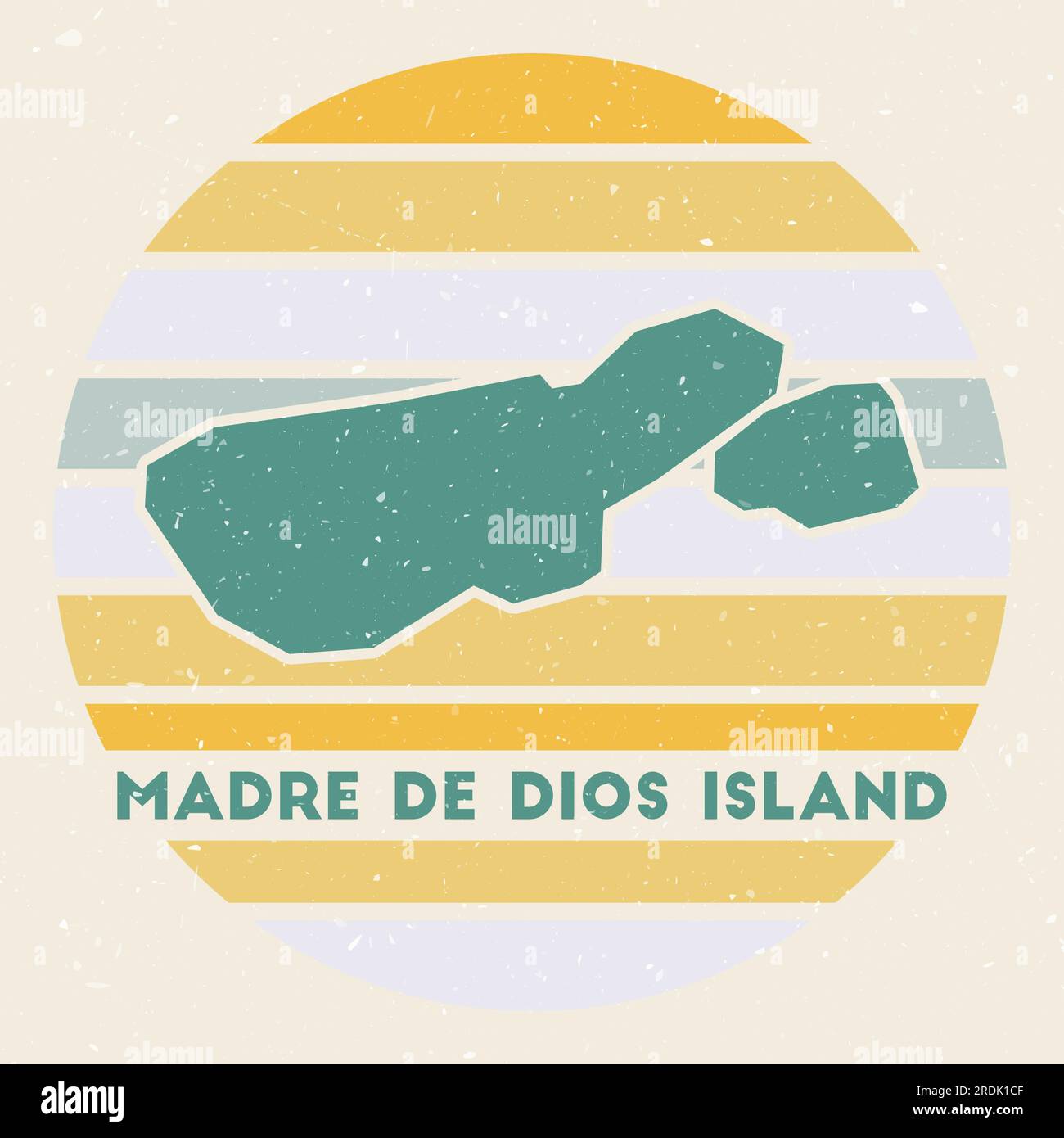 Madre de Dios Island Logo. Unterschreiben Sie mit der Karte und den farbigen Streifen, Vektordarstellung. Kann als Abzeichen, Logo, Label, Aufkleber oder Abzeichen von t verwendet werden Stock Vektor