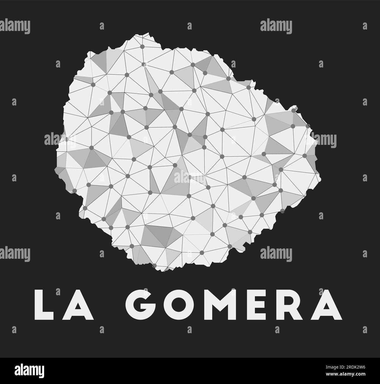 La Gomera - Karte des Kommunikationsnetzwerks der Insel. La Gomera: Trendiges geometrisches Design auf dunklem Hintergrund. Technologie, Internet, Netzwerk, Telekommunikation Stock Vektor