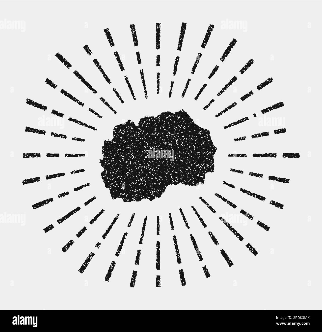 Klassische Karte von Mazedonien. Grunge-Sonnenaufgang im ganzen Land. Schwarzes Mazedonien mit Sonnenstrahlen auf weißem Hintergrund. Vektordarstellung. Stock Vektor