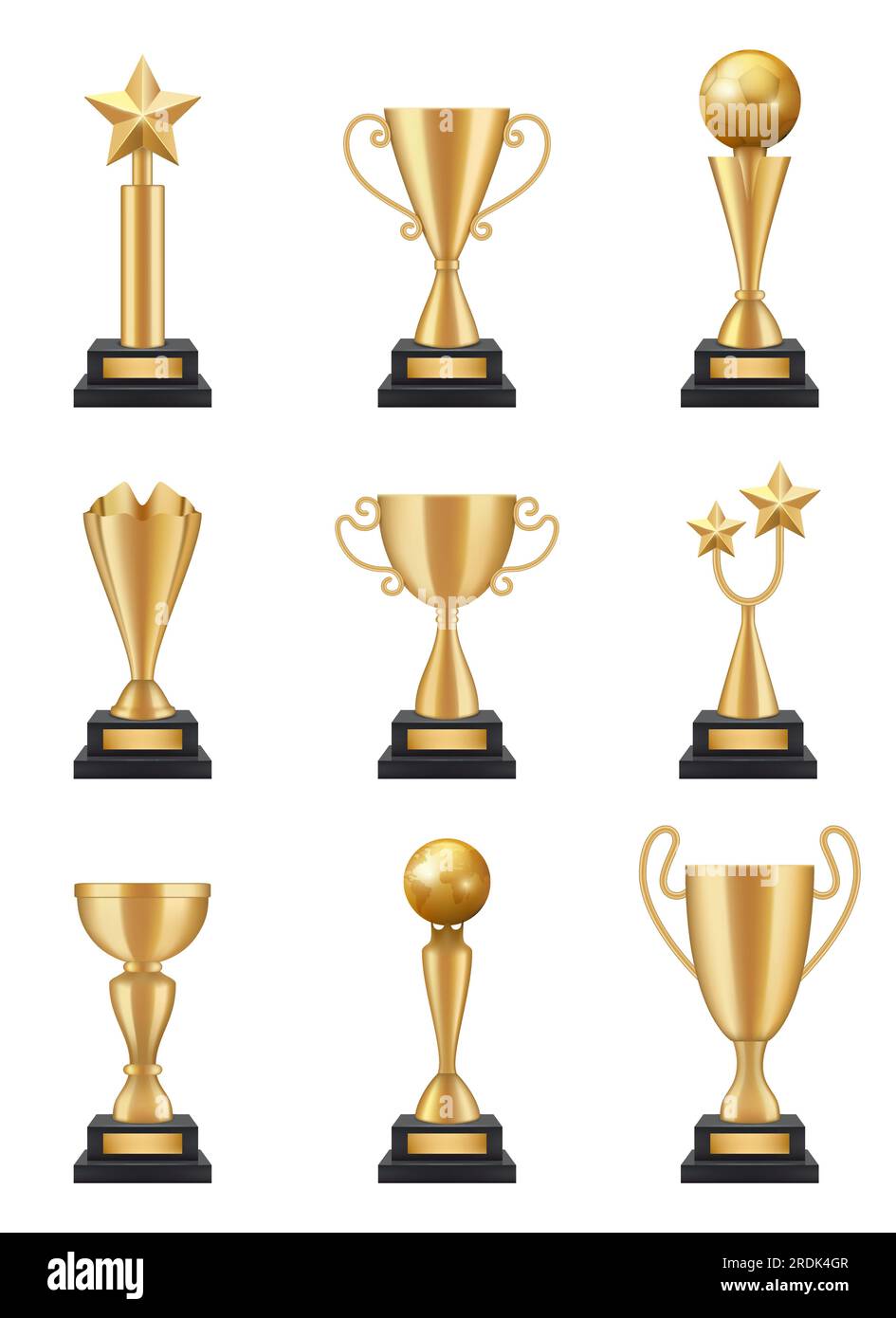 Goldener Pokal realistisch. 3D Sportwettbewerb Sieger Trophäen Medaillen Vektorbilder isoliert. Pokal und Preis, Sportauszeichnung und Belohnung Stock Vektor