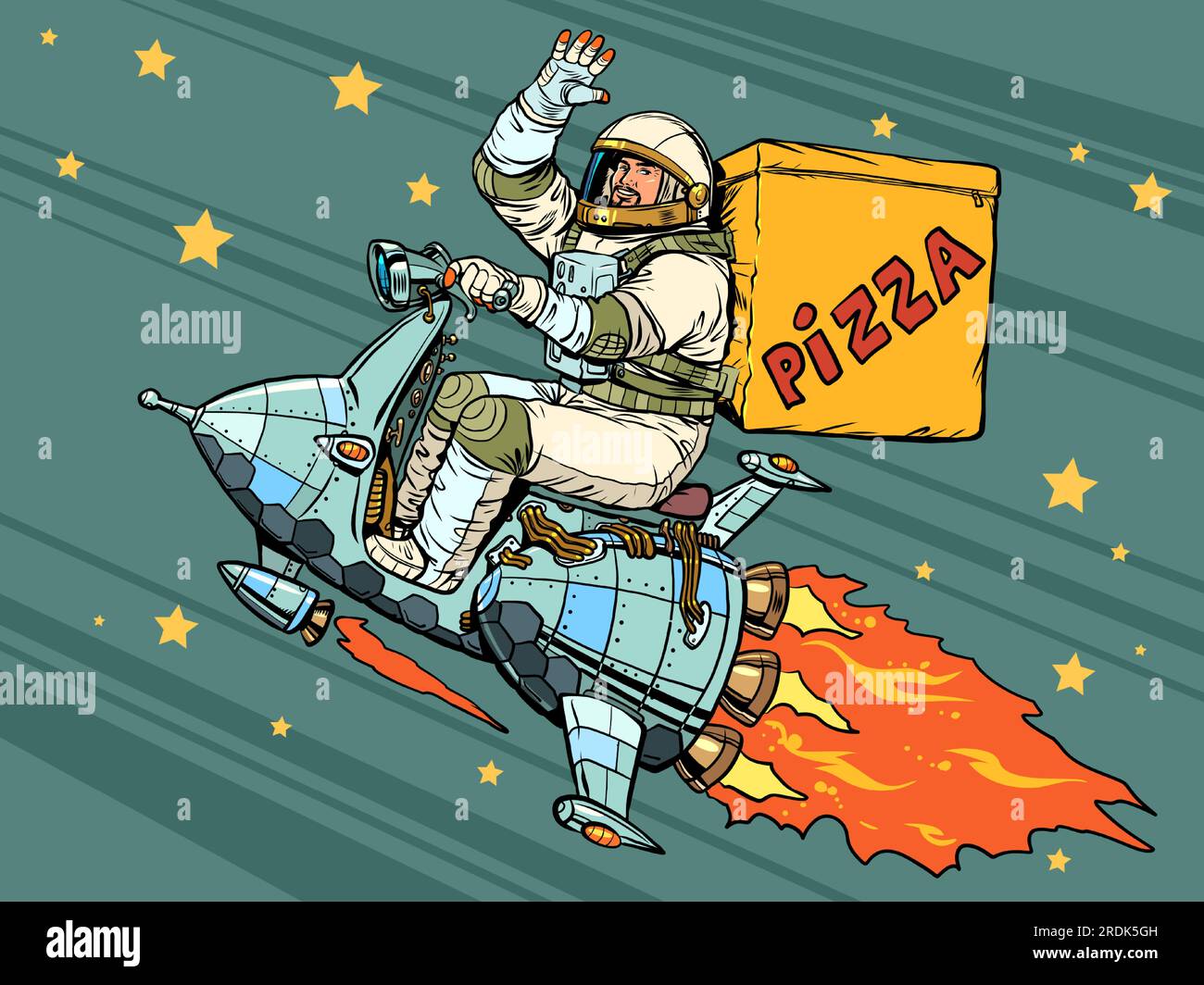 Hochwertige und sichere Lieferung an alle Orte der Welt. Der Astronaut fliegt auf einem Raumschiff und liefert Pizza. Pop Art Retro Stock Vektor