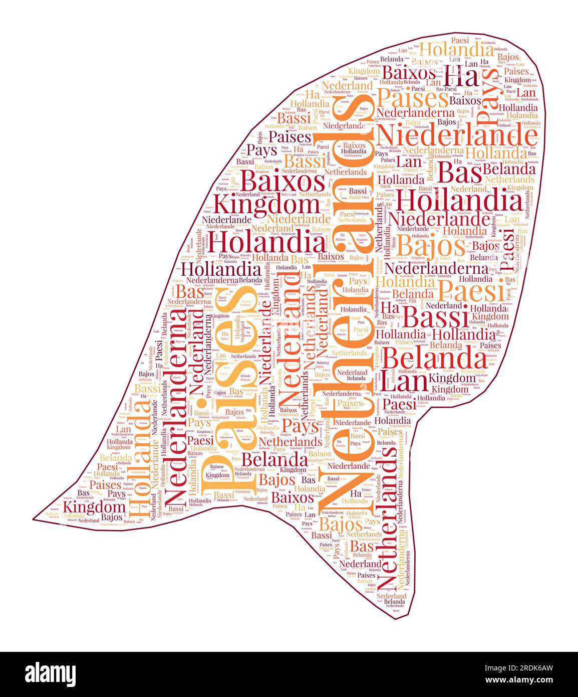 Niederländische Form mit Ländernamen in vielen Sprachen. Niederländische Karte im WordCloud-Stil. Saubere Vektordarstellung. Stock Vektor