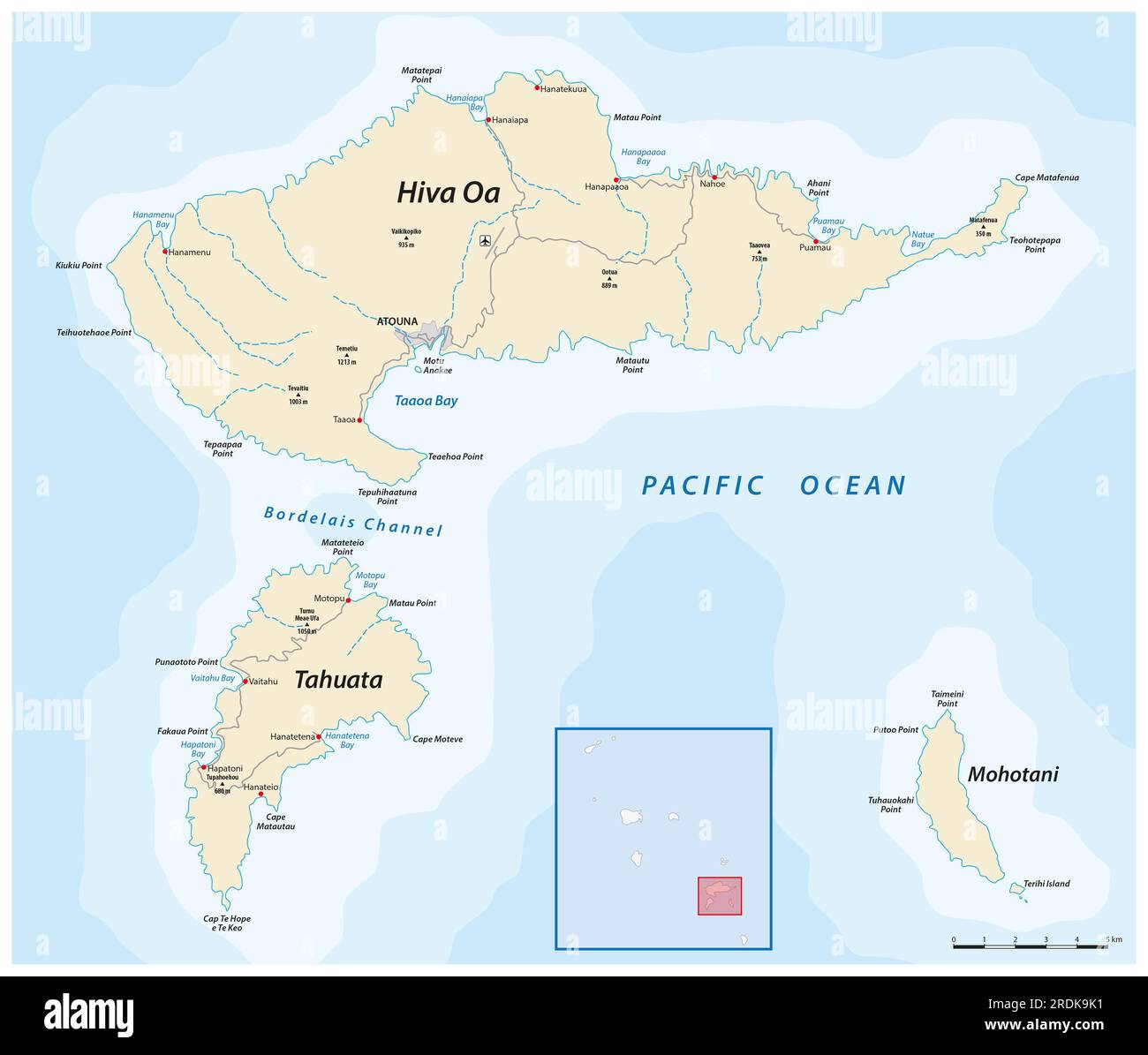 Karte der Inseln Hiva OA, Tahuata und Mohotani, Marquesas in Französisch-Polynesien Stockfoto