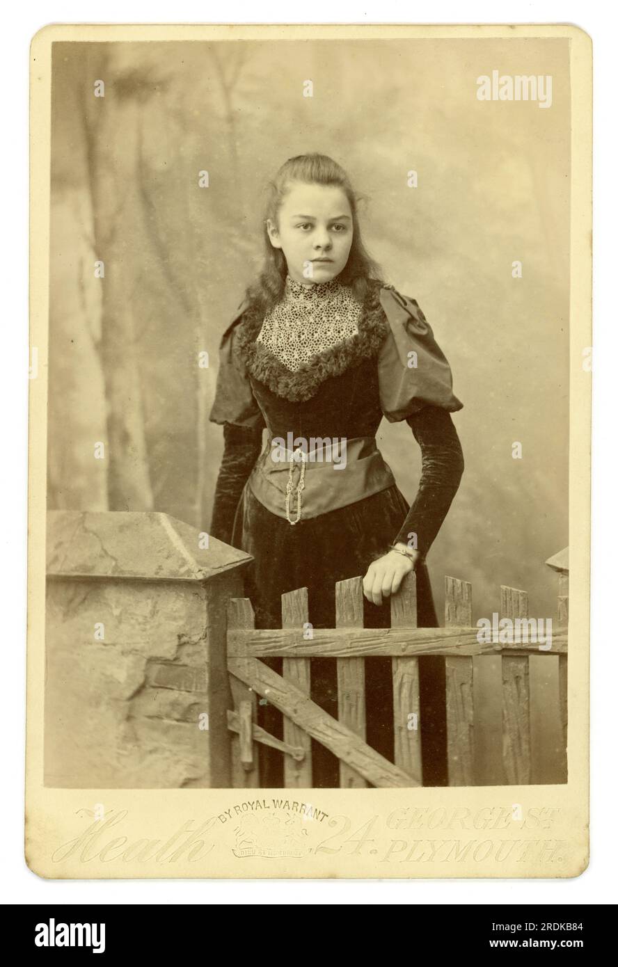 Originale viktorianische Kabinettskarte mit hübschem Teenager-Mädchen mit langen Haaren, wunderschönem Samtkleid, hübschen Details, mit Puffärmeln, die in dieser Zeit modisch waren, um 1894. Aus dem Studio von William Heath, Plymouth, Devon, England, Großbritannien Stockfoto