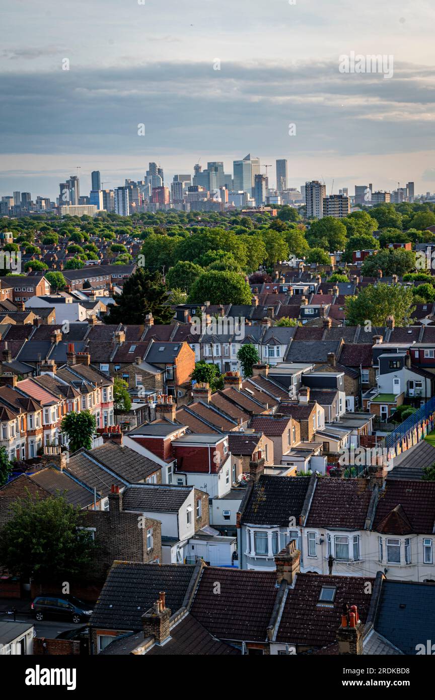 Blick auf Canary Wharf von East London, London Stockfoto