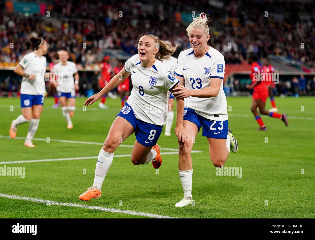 Georgia Stanway aus England feiert das erste Tor seiner Mannschaft während des FIFA Women's World Cup 2023, Group D-Spiels im Brisbane Stadium, Brisbane. Bilddatum: Samstag, 22. Juli 2023. Stockfoto