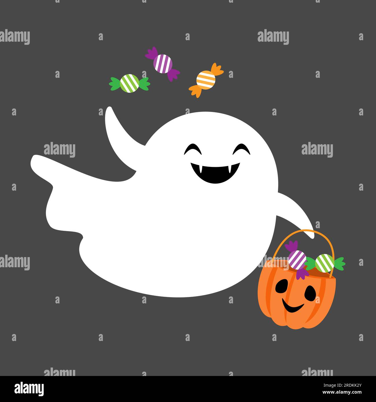 Süßer weißer Geisterkorb mit Toffy. Halloween-Cartoon-Figur. Flaches Design . Vector . Stock Vektor