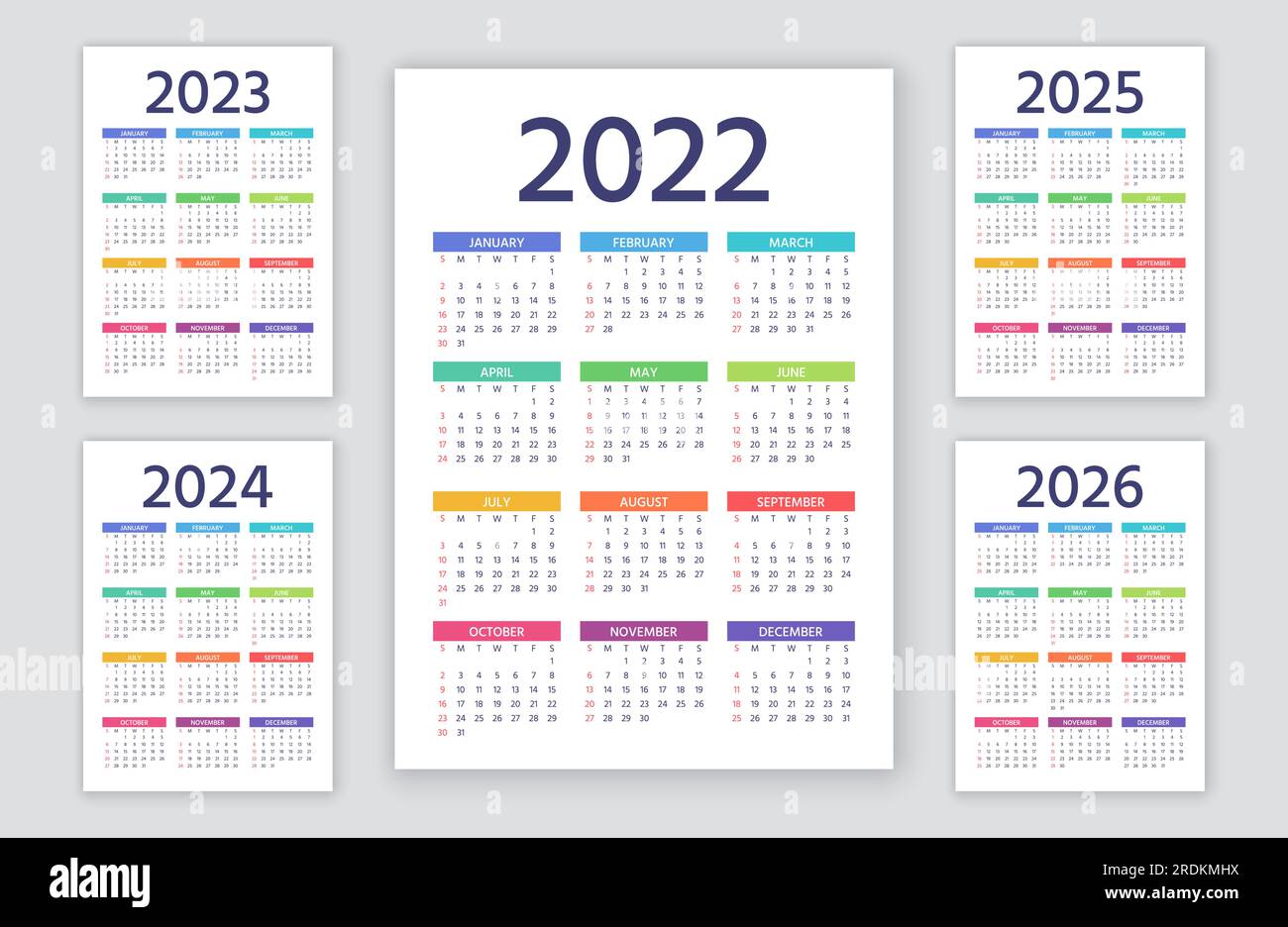 Kalender 2022, 2023, 2024, 2025, 2026 Jahre. Die Woche beginnt am