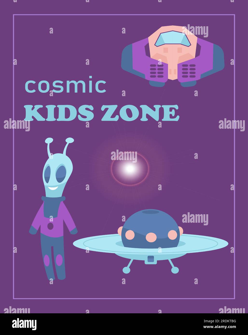 Süßes Spielzeug. Comic-Kids-Zone. Kinderspielplatz mit Raumschiff und Alien. UFO und Shuttle. Zeichentrickfiguren. Futuristisches Spielzimmer. Geburtstagsparty-Unterhaltung. Babys machen Spaß. Vektorbanner-Design Stock Vektor