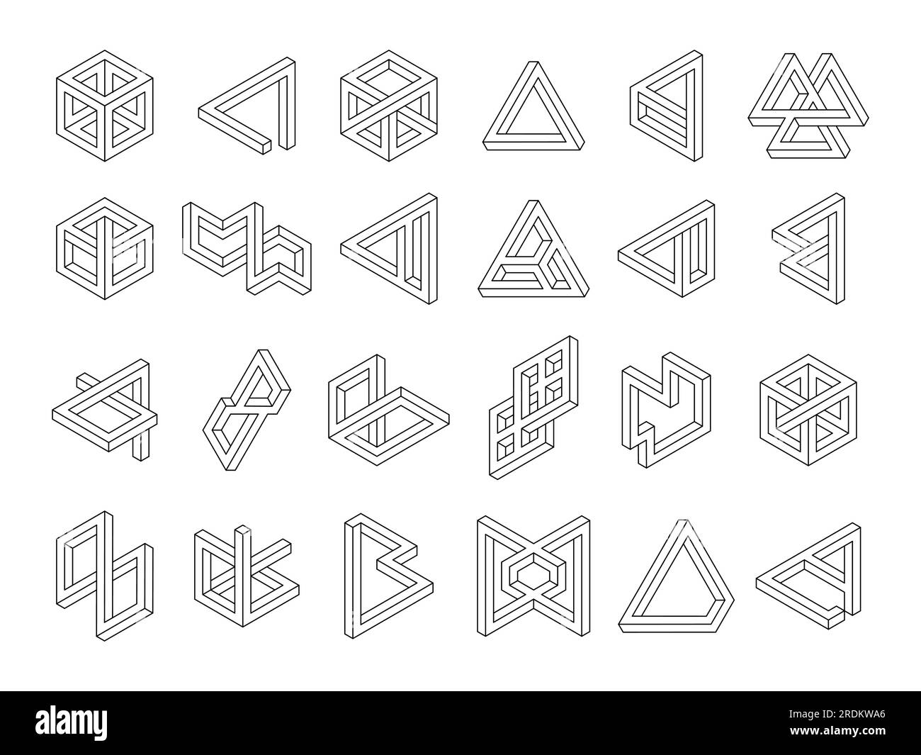 Geometrische Formen. Unmögliche 3D-Symbole. Linienmusterobjekte. Hipster-Tattoo-Zeichen. Optische Täuschung. Abstrakte unendliche Runden und geschleifte Quadrate. Das Penrose-Dreieck. Moderne Symbole für Vektoren Stock Vektor