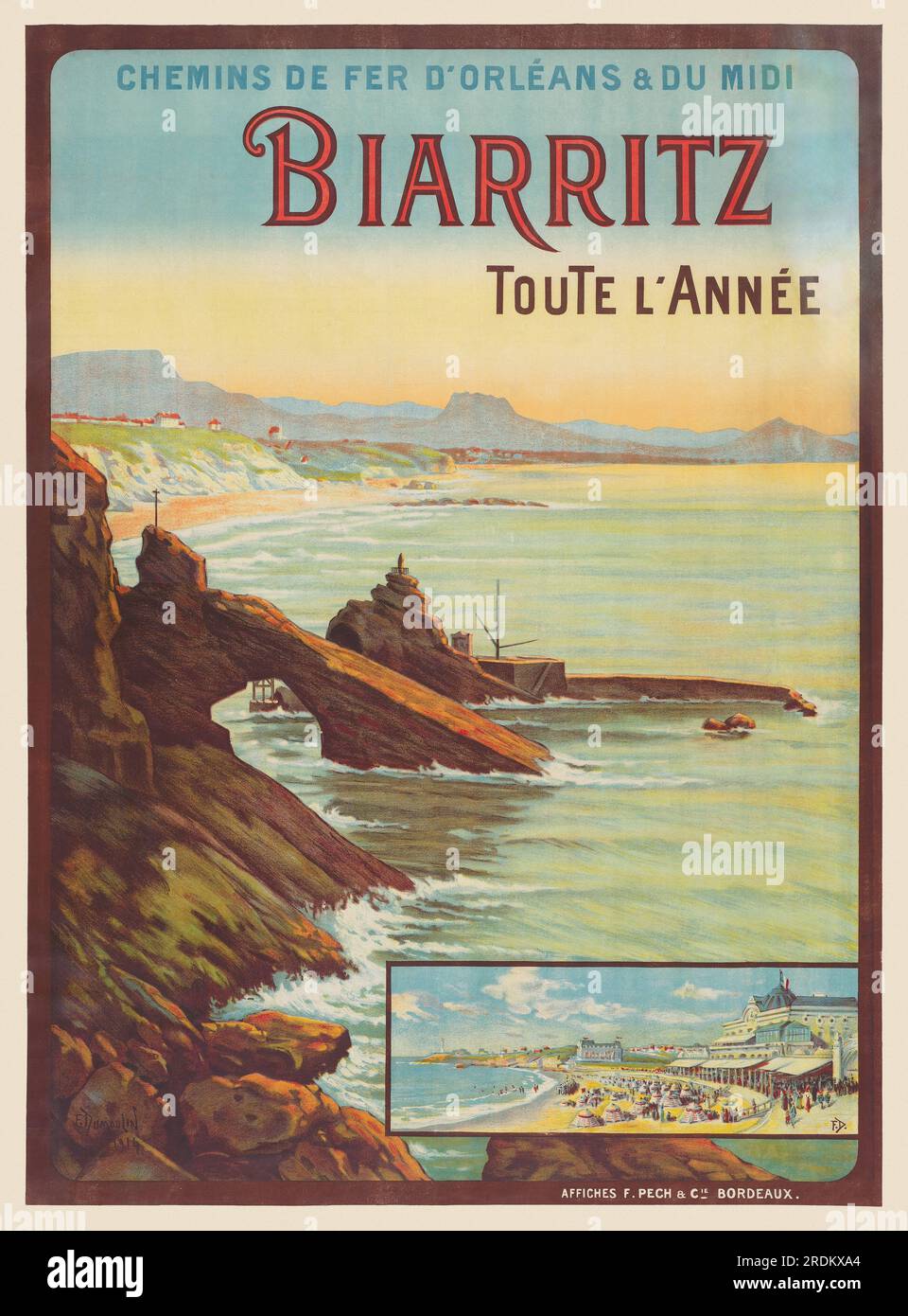 Chemins de fer d'Orleans et du Midi. Biarritz toute l'année von F. Dumoulin (Datum unbekannt). Poster wurde 1914 in Frankreich veröffentlicht. Stockfoto