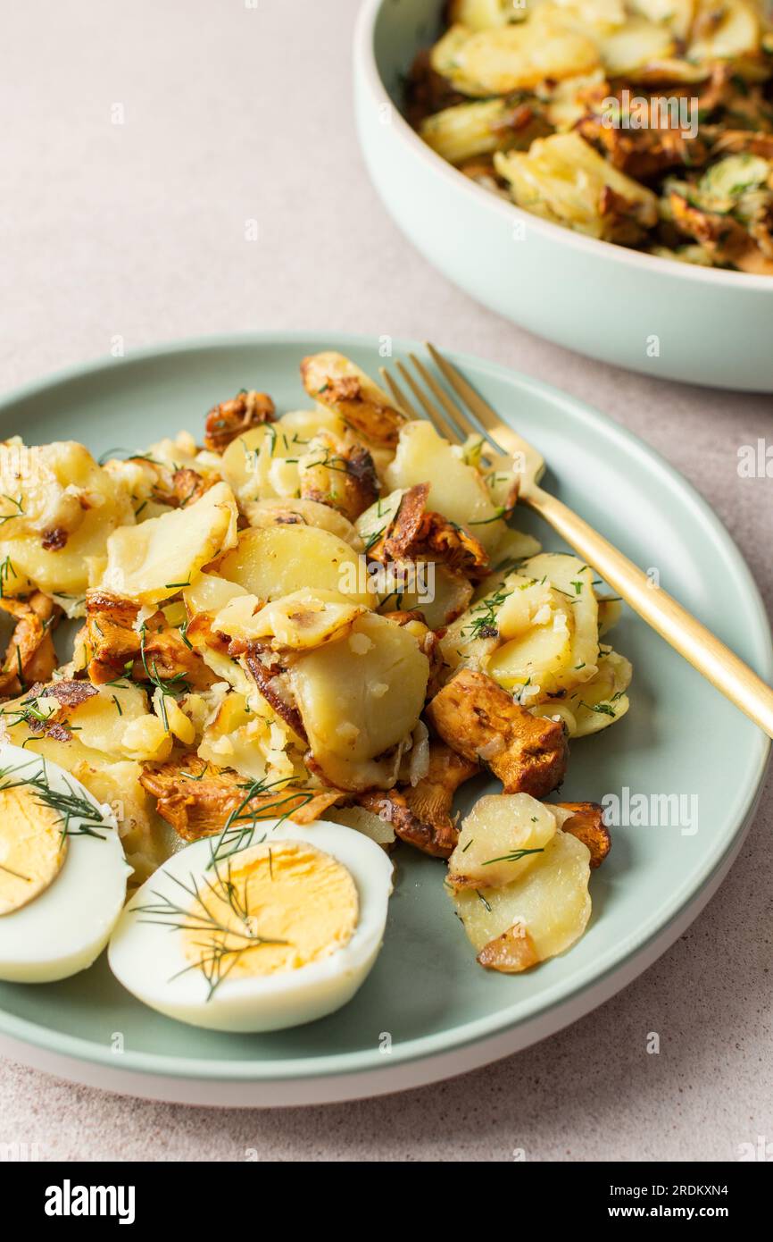 Köstliche herzhafte Abendessen oder Mittagessen, gebratene junge Kartoffeln mit Waldpilzen Chanterelles mit Dill, gekochte Eier, saisonale Speisen Stockfoto