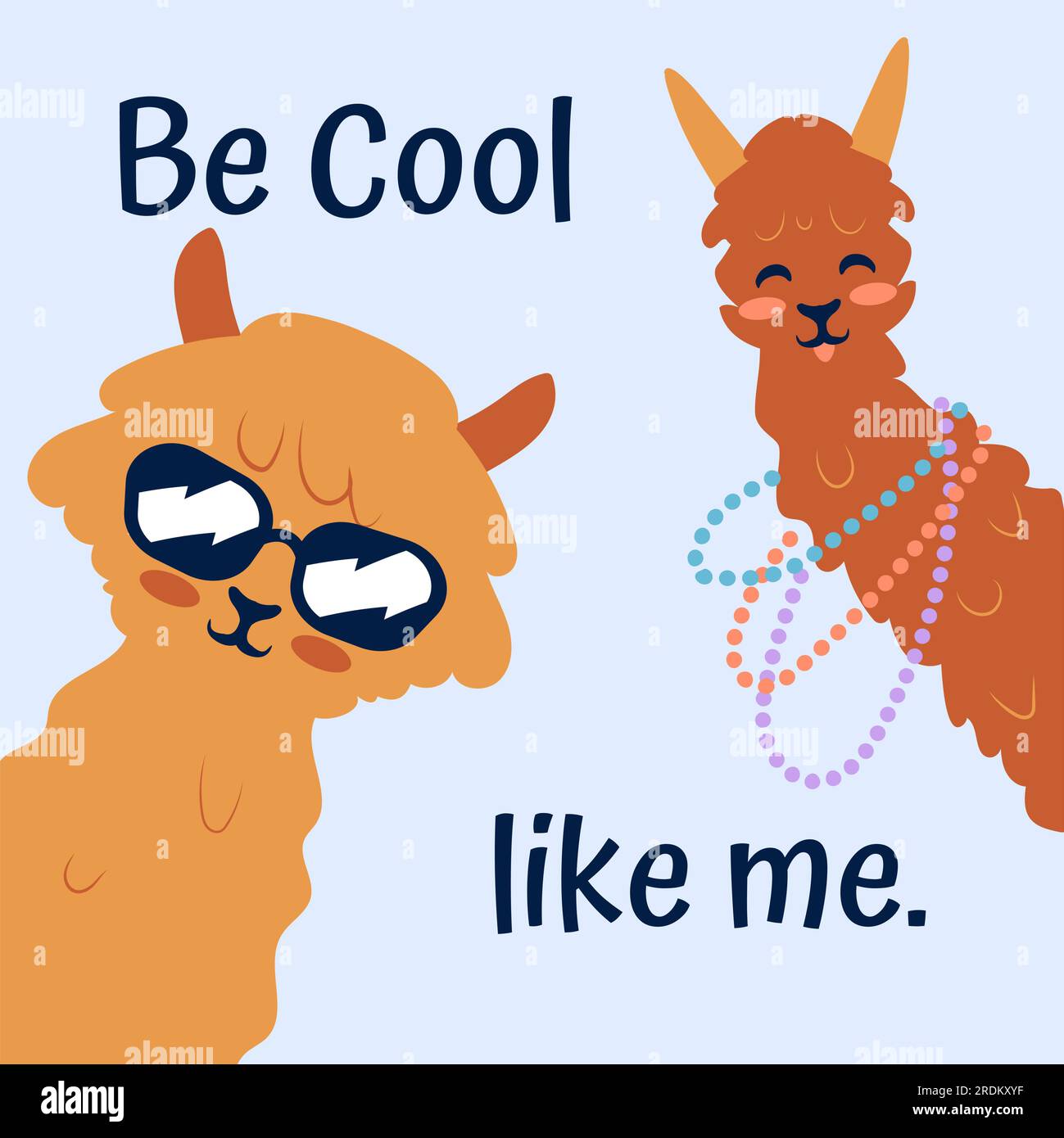 Lama-Poster. Süßer Aufdruck für Kinder. Alpakas in Sonnenbrille und coole Phrase. Lustige Figuren, bezaubernde exotische Tiere, dekorativer Clipart. Mexikanisches Symbol. Isolierte Vektordarstellung im flachen Cartoon-Stil Stock Vektor