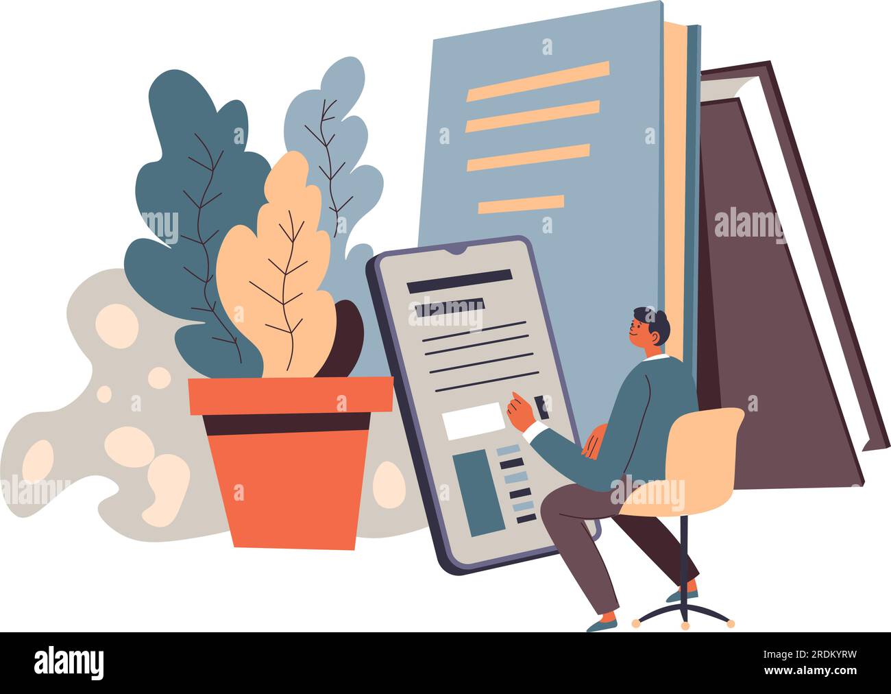 Online-Bildung mit Laptops und Gadgets, Bücher und Publikationen mit Informationen. Studium im Web mit Tutor, Text- und Videomaterial. Student ein Stock Vektor