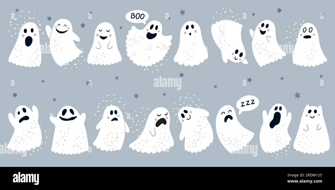 Ein gruseliger Geist. Halloween-Doodle-Gesichter mit verschiedenen Emotionen, Angst vor Feiertagen, gruselige weiße Monster-Ikonen. Lustige weiße Phantome kindische, süße Herbstdekoration. Vektor-Cartoon-Illustration Stock Vektor