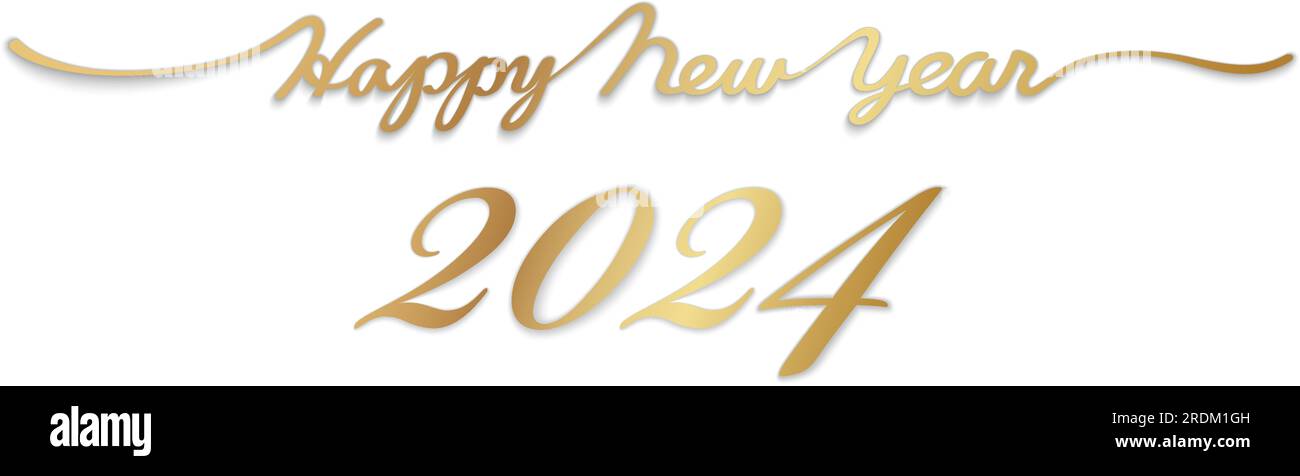 The Year 2024 Happy New Year Vector 3-D handgeschriebenes Gold-Drehbuch mit Textraum isoliert auf weißem Hintergrund. Stock Vektor