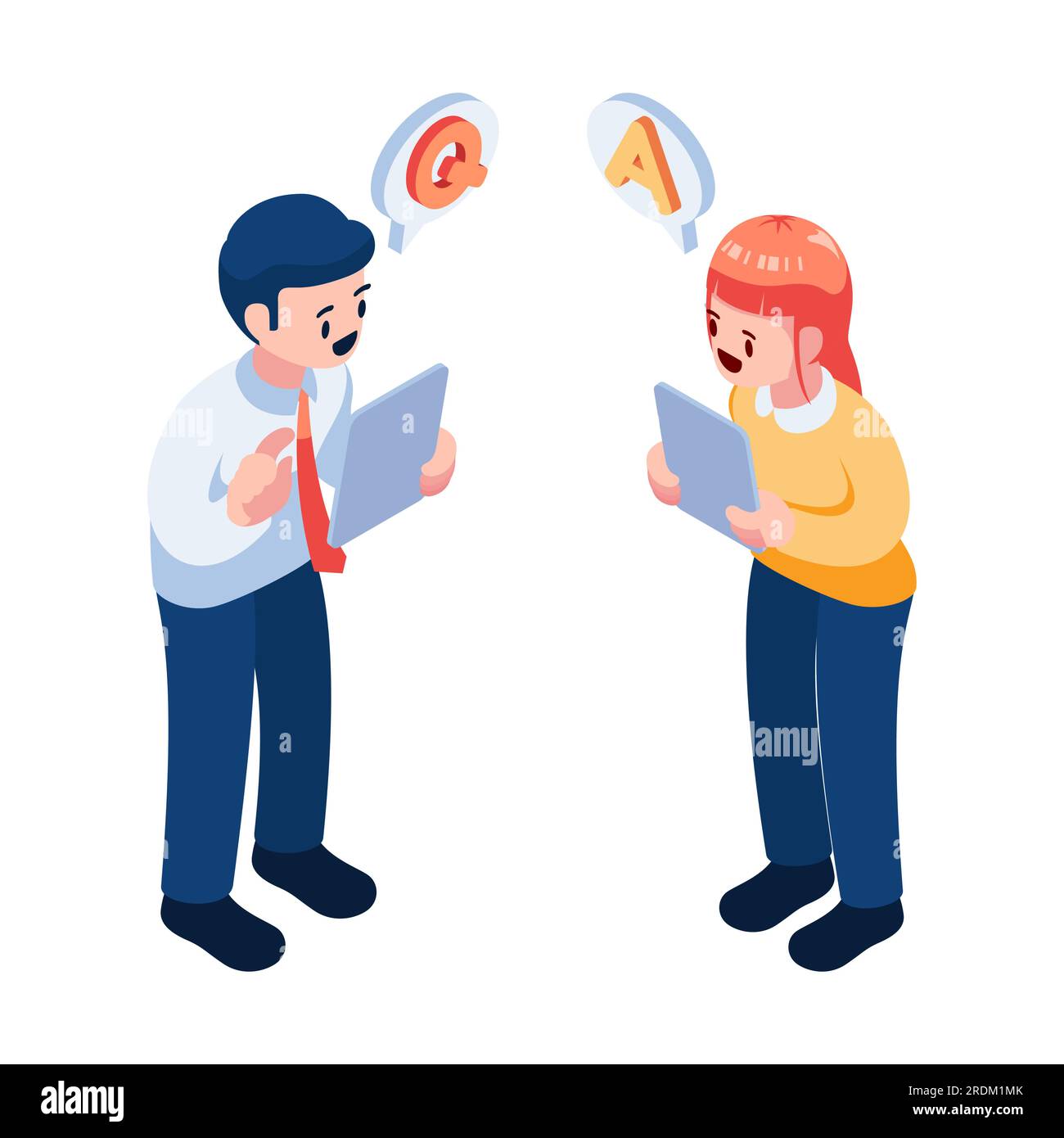 Flach 3D Isometrischer Geschäftsmann Fragen stellen und Antworten erhalten. Fragen und Antworten Kundensupport-Konzept. Stock Vektor