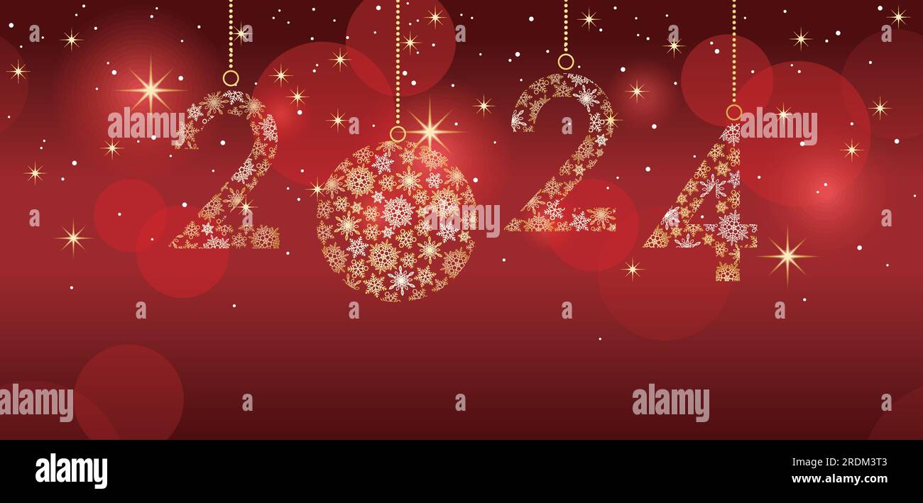 Das Weihnachtsball-Symbol des Jahres 2024 auf einem nahtlosen roten Hintergrund. Vektordarstellung. Stock Vektor