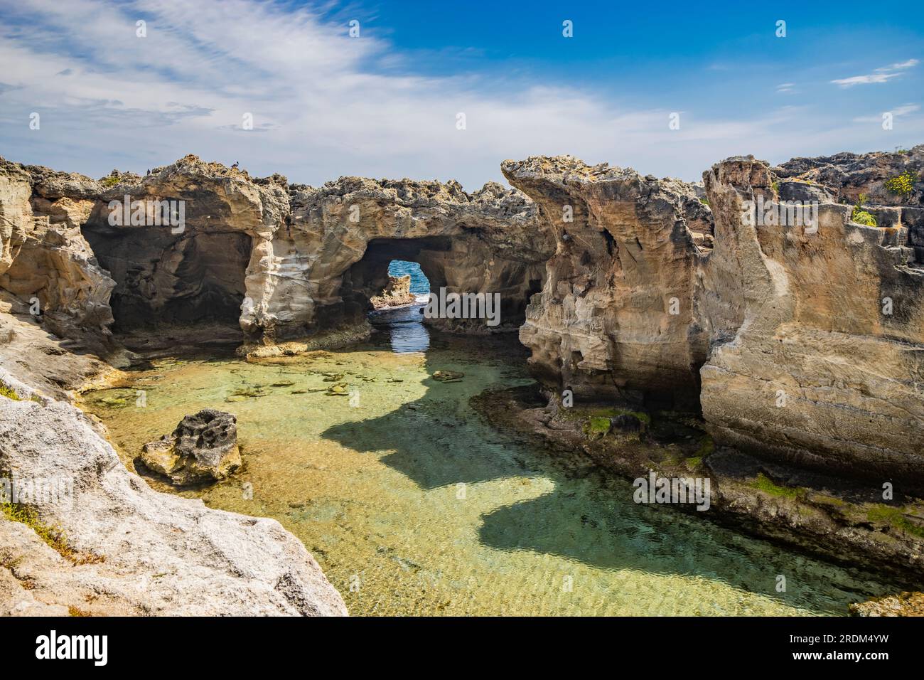 Die fantastischen natürlichen Pools von Marina Serra, in Apulien, Salento, Tricase. Das klare und kristallklare türkisfarbene Meer zwischen den felsigen Klippen. Der blaue Himmel Stockfoto