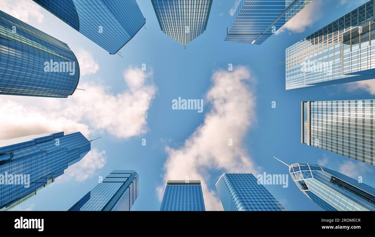 Wolken am blauen Himmel, die morgens über Wolkenkratzer und Geschäftsgebäude hindurchziehen Stockfoto