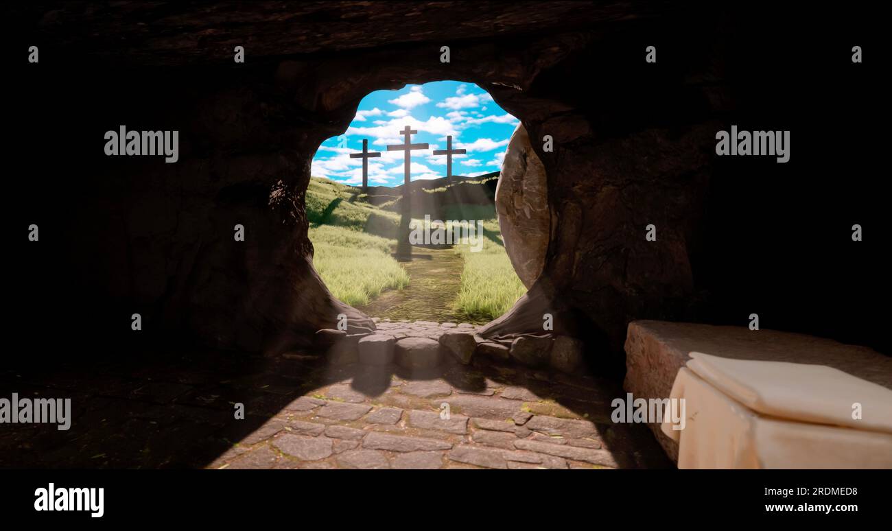 Jesus Christus Auferstehung der Stein wird vom Grab weggerollt und das Licht kommt herein. Drei Kreuze auf dem Hügel aus dem Inneren des Grabes. Osterferien Stockfoto