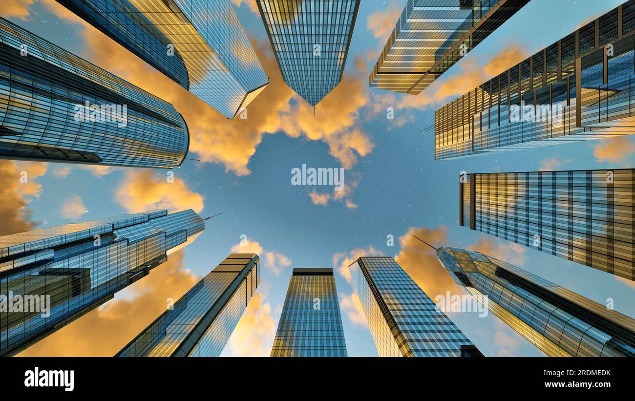 Goldene Wolken am blauen Sternenhimmel, die morgens oder abends über Wolkenkratzer-Geschäftsgebäude hindurchziehen. Stockfoto