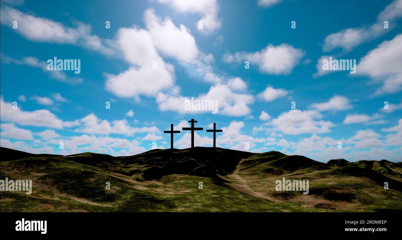 Drei Kreuze auf dem Hügel mit Wolken, die sich auf dem blauen Sternenhimmel bewegen. Ostern, Auferstehung, neues Leben, Wiedergutmachung. Stockfoto