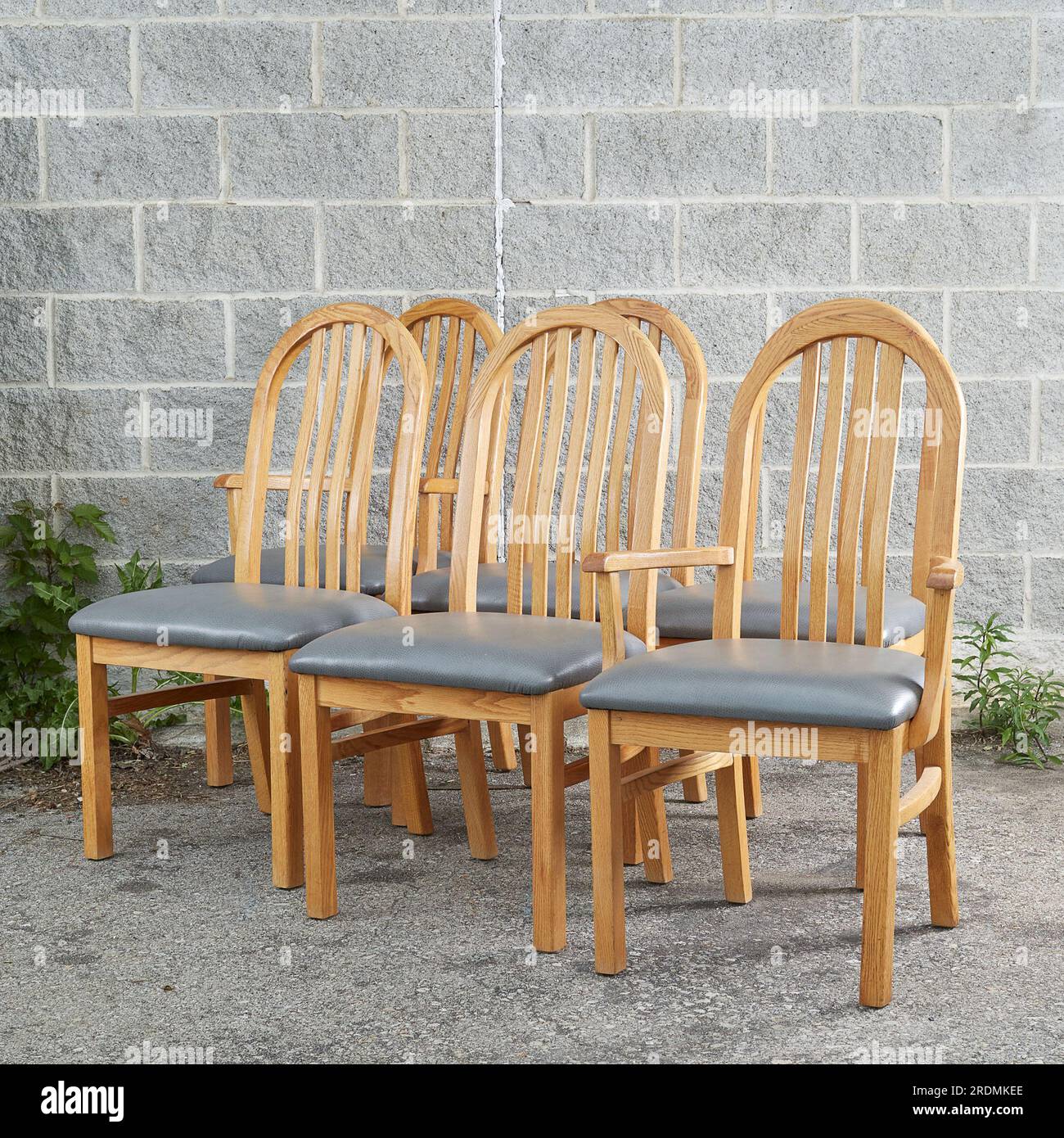 Eichensessel, einzelner heller Holzstuhl mit grauen Lederpolstern. Vorderansicht. Fotografiert vor grauem Ziegelhintergrund. Stockfoto