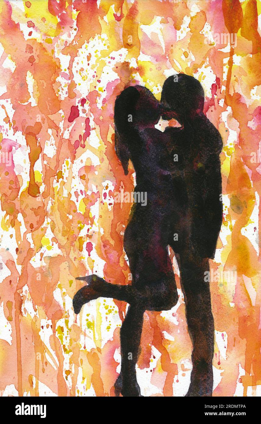 Liebhaber Aquarell Gemälde küssen Paar Silhouette trendy Wandbild, Hochzeit Geschenk für ihr Gemälde (digitaler Download) Stockfoto