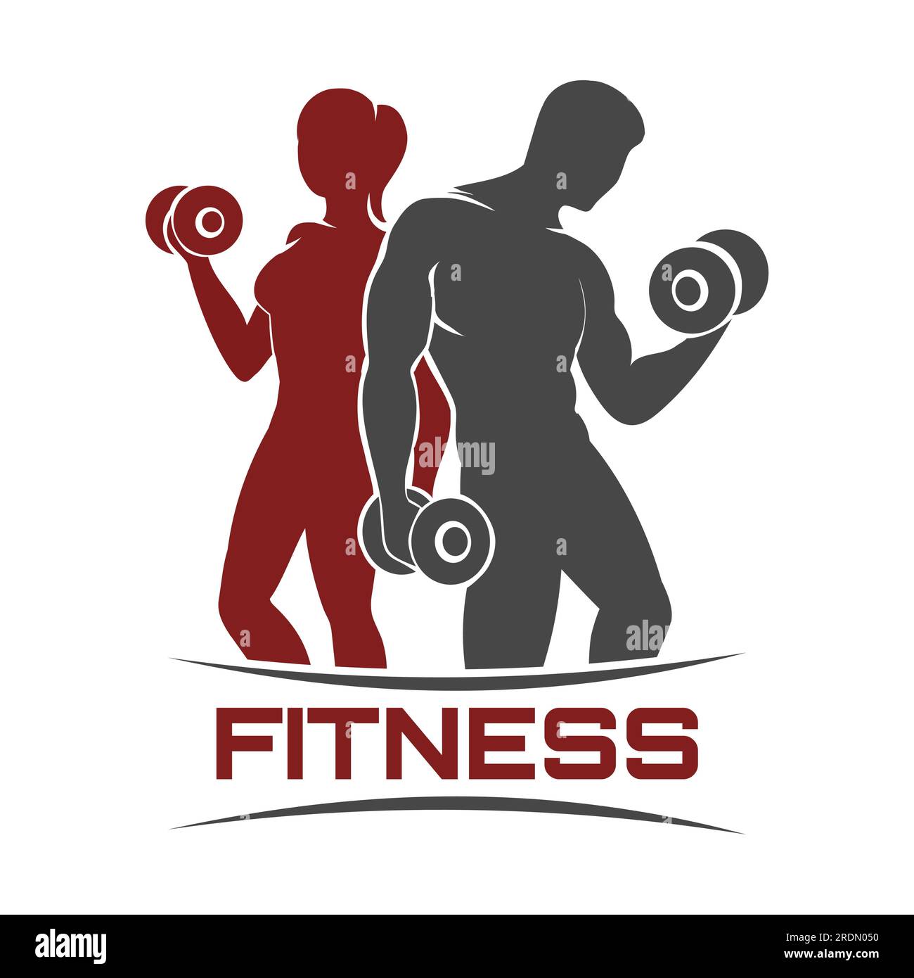 Logo oder Emblem des Fitnessklubs. Mann und Frau halten die Kurzhantel. Isoliert auf weißem Hintergrund. Stock Vektor