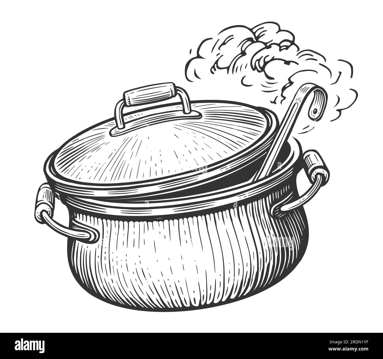Küchentopf mit Deckel und Kelle. Essen kochen. Skizzenzeichnung im klassischen Gravurstil Stockfoto